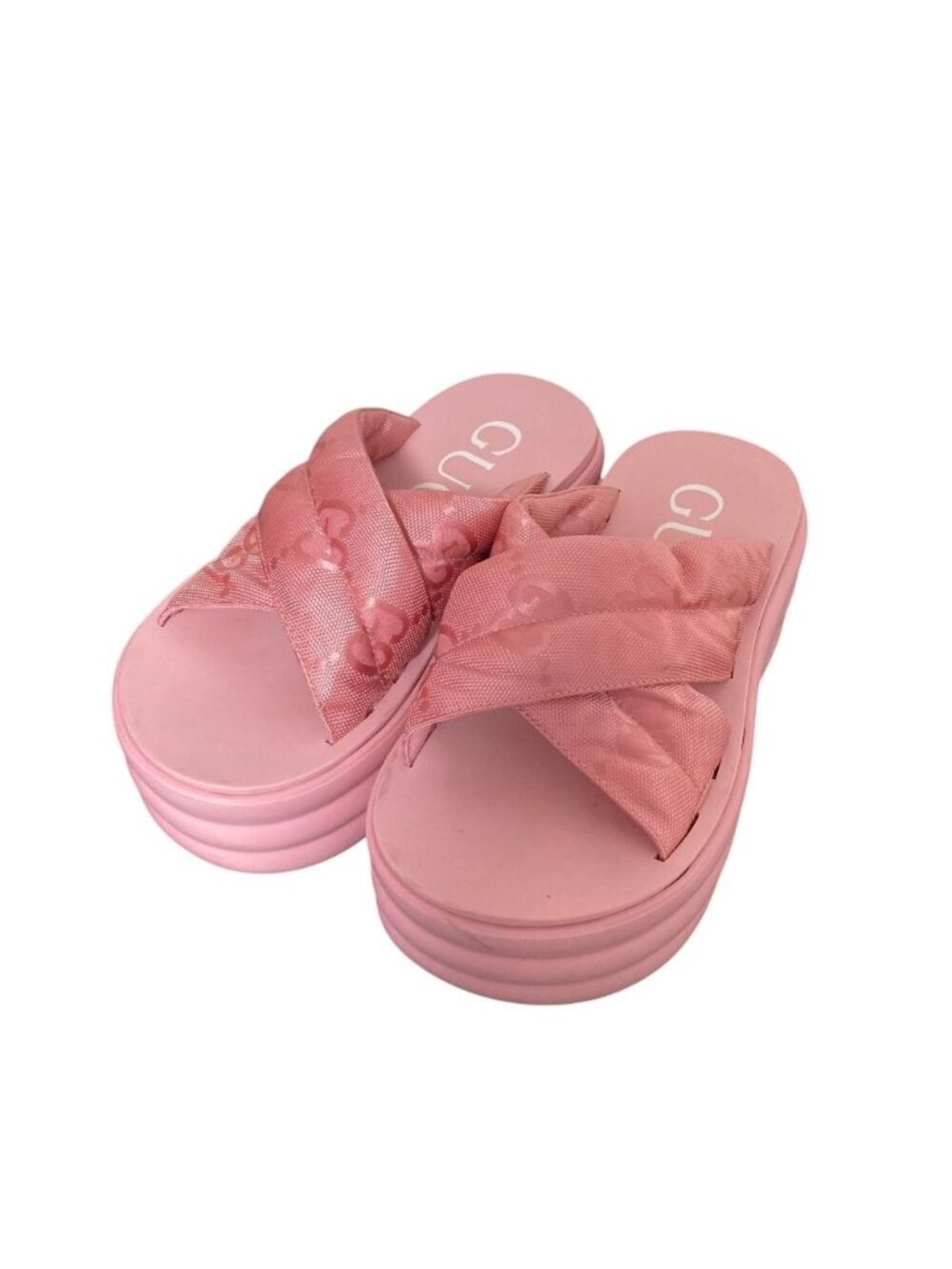 Gucci Maxi GG Jacquard Cross Logo Strap Platform Slide Sandals Pink Spring